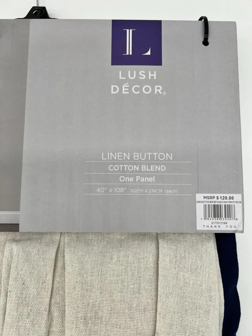 NWT Lush Décor Linen Button Cotton Blend Curtain Panel Navy White Colorblock